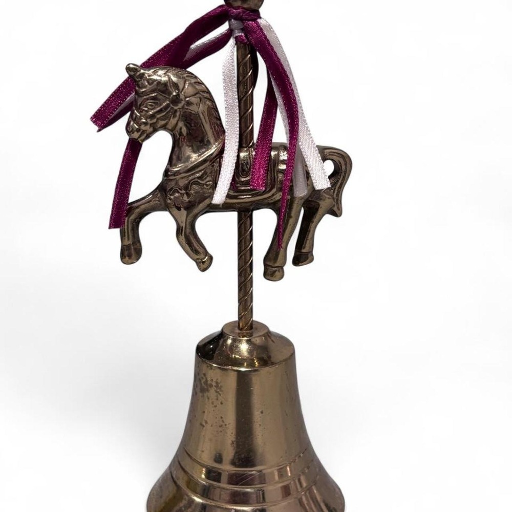Vintage Solid Brass Carousel Horse Hand Bell Gold Tone 5.5 Inch Decor